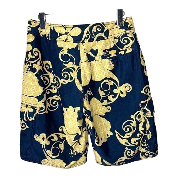 old Navy Swim Surf Board Cargo Style Shorts Hawaiian Vibes Navy Blue Yellow - Picture 2 of 10